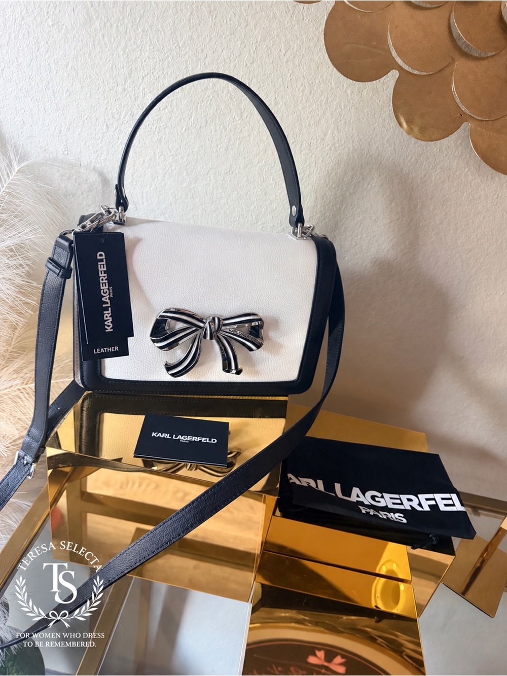NWT Karl Lagerfeld Paris Simone Bow Satchel Bag White Black Leather